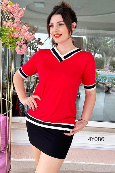 İnce Topuk Viscose V-Neck Stripe Detailed T-Shirt - 4Y086