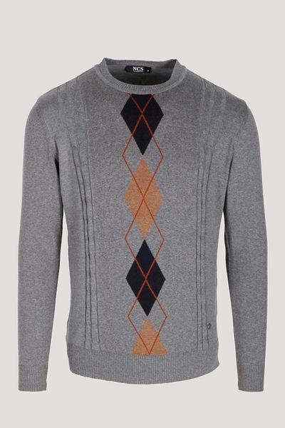 NCS Men's Knitwear Grimelange Crew Neck Argyle Slim Fit Cotton Sweater Jeans 3745