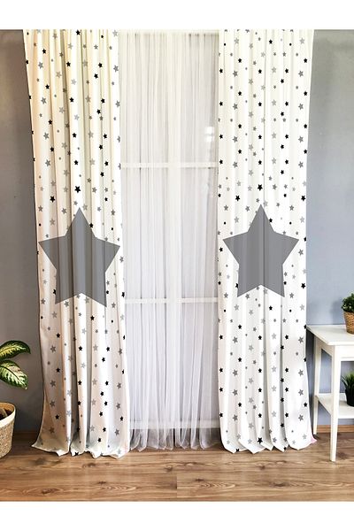 Lolla Star Figured White Background Curtain 54