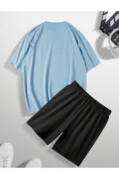 DEZZİİ Baby Blue Art Printed Bottom Top Shorts T-Shirt Set