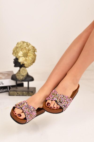 Peta Single Buckle Stylish Daily Full Orthopedic Pebble Stone Detailed Women's Slippers