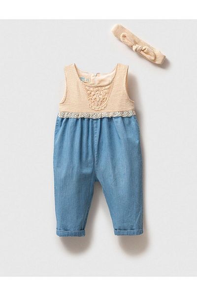 Store Baby Girl Roba Detailed Lace Denim Jumpsuit - Bandana