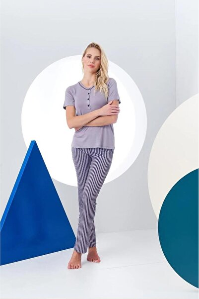 PJS 24157 Kadın Çizgili Patlı Kısa Kol Pijama Takım