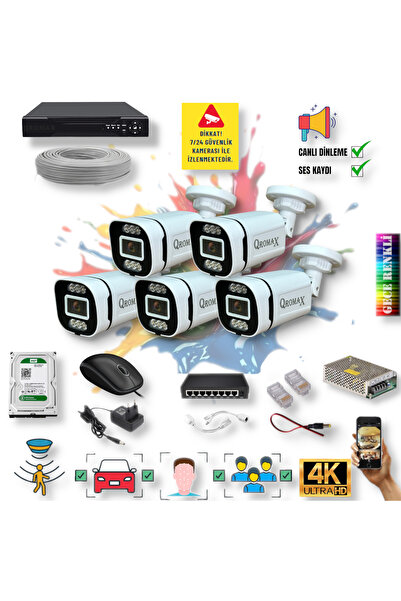 qromax 5 Kameralı Yapay Zekalı Gece Renkli ve Sesli 6 Warm Ledli 4K FULLHD IP...