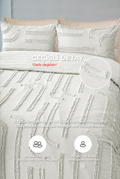Evlen Home Collection Pamuklu Sasha Kabartmalı Yatak Örtüsü Seti Tek Kişilik Günlük Boho 2 Parça Dolgulu Krem Kırık Beyaz