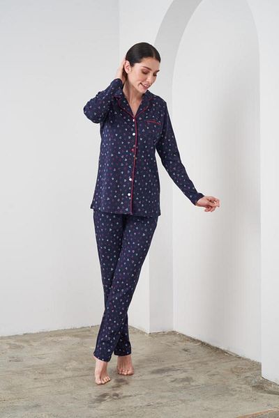 PJS 24542 Set de pijamale pentru femei, cu model de inimă, albastru bleumarin