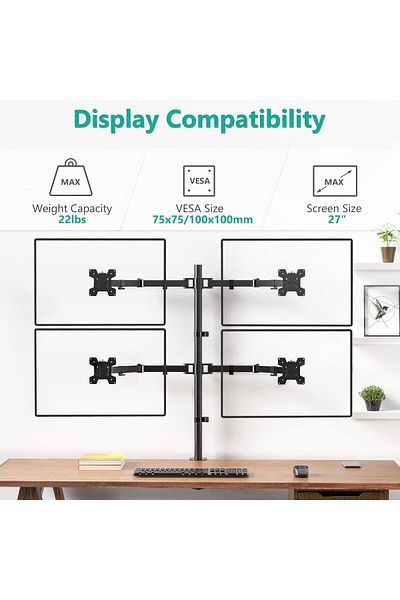AWH Sh C048 Quad Monitor Stand, Adjustable Desk Mount For 13-27" Screens, Holds 22 Lbs. Per Arm, Black