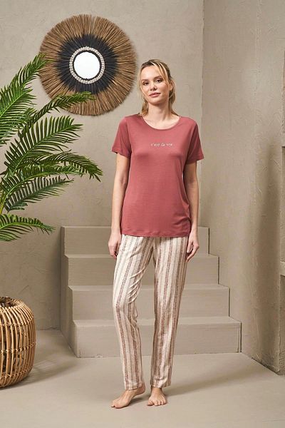 PJS 25135 Femei - Set de pijamale cu gât rotund cu dungi imprimate cu perle