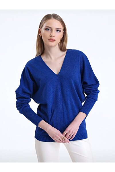 MİRVE BUTİK Shiny Textured Knitwear Blouse with Chain Detail on the Back