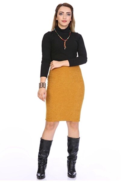 Genel Markalar Apsen Kadın Hardal Renk Beli Lastikli Kadife Kalem Kışık Etek 2120-65
