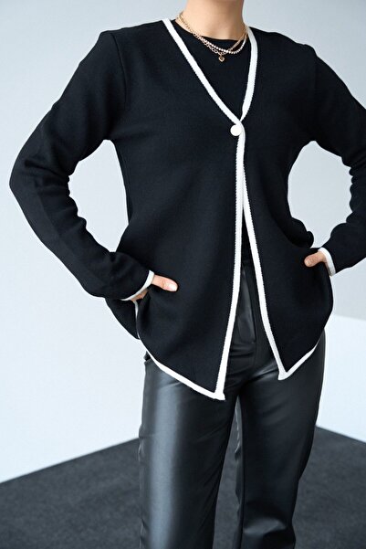 Venoura سترة صوفية بزر واحد باللونين الأبيض والأسود