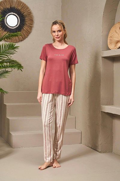 PJS 25135 Femei - Set de pijamale cu gât rotund cu dungi imprimate cu perle