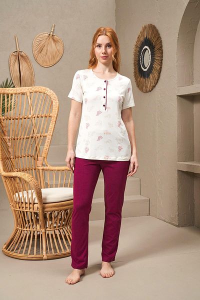 PJS 25143 Costum de pijama cu mânecă scurtă imprimat cu nasturi cu gât rotund pentru femei