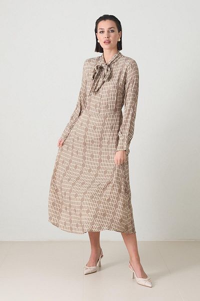 Setre Coffee Print Full Fit Dress with Neck Detail