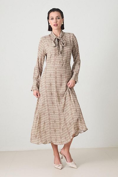 Setre Coffee Print Full Fit Dress with Neck Detail