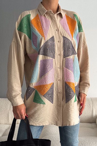FEMELLE Cămașă oversize cu broderie completă și paiete, pudră, mărime standard