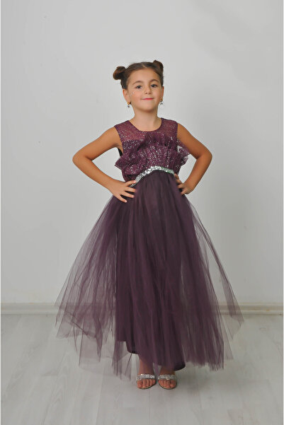 Filizdens Kids Kız Çocuk Elbise Üstü Simli Tülden Fırfırlı Altı Tüllü Uzun Abiye Düğün Balo Doğum Günü Elbisesi