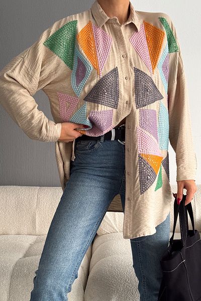 FEMELLE Cămașă oversize cu broderie completă și paiete, pudră, mărime standard
