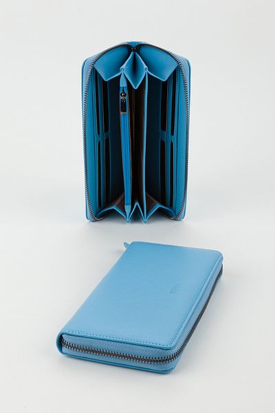 Fossil Boxed Genuine Leather Sky Blue Zippered Large Size Women's Hand Portfolio Card Holder Wallet