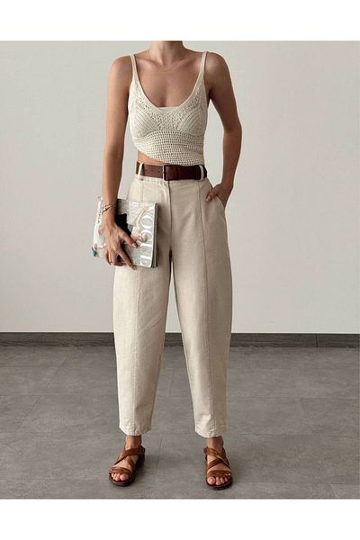 owwon Women's Beige High Waist Elastic Waist Belted Balloon Model Linen Trousers