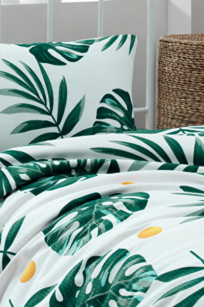 Eponj Home Tek Kişilik Doğal Pike Baskılı Monstera Yeşil