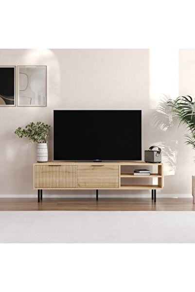 MERT SERT MOBİLYA Venüs 150cm Tv Sehpası, Tv Ünitesi, Çizgi Kapaklı, Metal Ku...