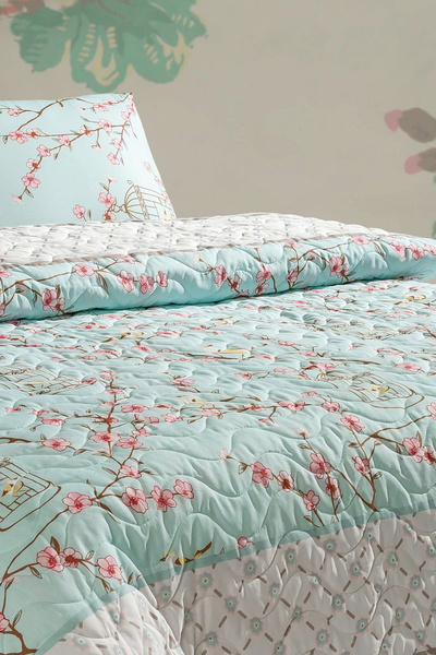 Eponj Home Kapitone Yatak Örtüsü Seti Çift Kişilik Birdcage Turkuaz