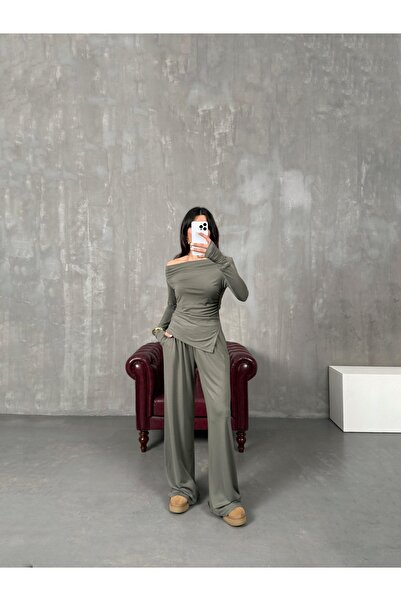 Marbella Kadın Omzu Açık Drapeli Asimetrik Bluz & Bol Paça Pantolon Takım