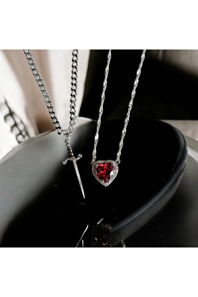 pollynow Çelik Kalp ve Kılıç Kolye Sevgili & Çift Kolyesi