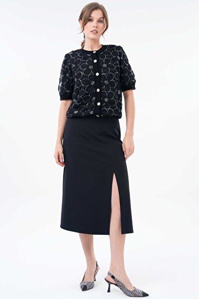 Saade Black Slit Detailed Midi Woven Skirt