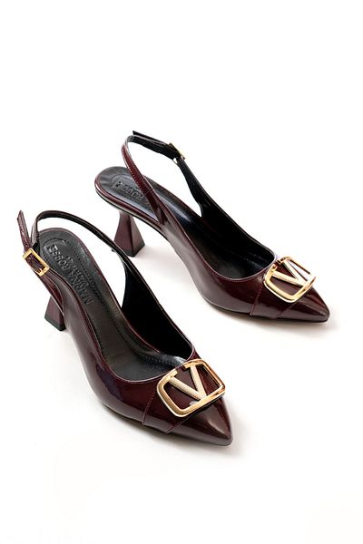 Santamarina Women's Sante Buckle Detailed Burgundy Open Back Champagne Heeled Shoes