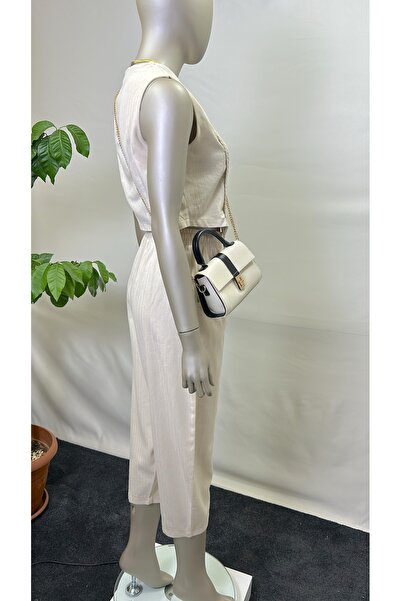 owwon Women's Beige Knit Detailed Vest Pants Bottom Top Special Design Linen Set