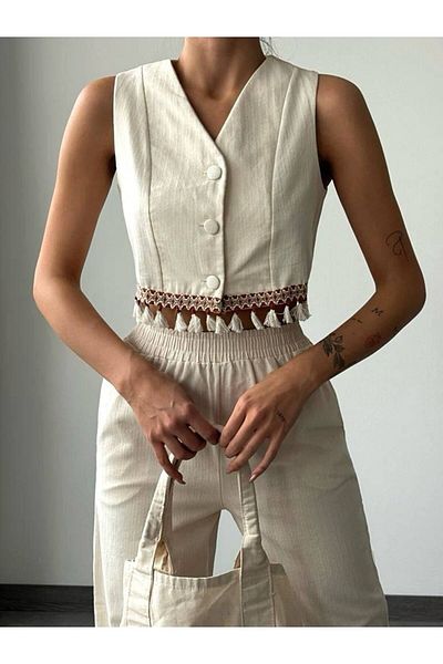 owwon Women's Beige Vest Pants Bottom Top Special Design Tassel Detailed Linen Suit