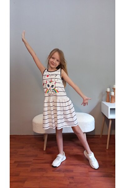 Freemood Girl's Cat Printed Striped Dress