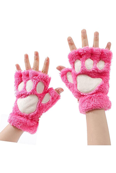 CAŞ DEKORASYON Dark Pink Plush Children's Gloves with Paw Figure