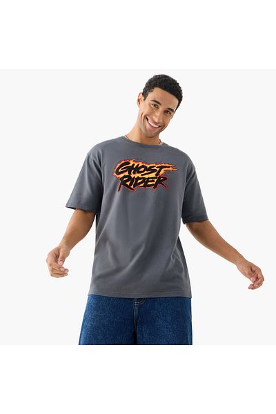 SP Characters Ghost Rider Print Crew Neck T-shirt with Short Sleeves