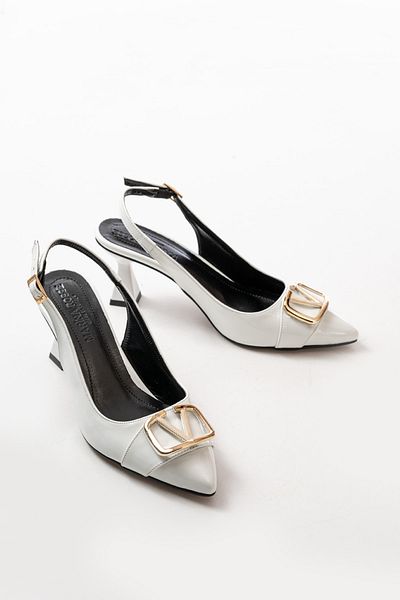 Santamarina Women's Sante Buckle Detailed White Patent Leather Open Back Champagne Heeled Shoes