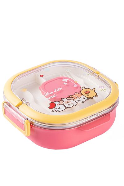 Tantitoni Tedemei Pink Stainless Steel 3-Section Food Carriage Container with Fork and Spoon 700ml
