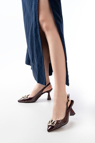 Santamarina Women's Sante Buckle Detailed Burgundy Open Back Champagne Heeled Shoes