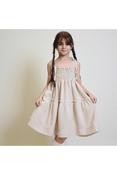 OZZY KİDS Girl's Chest Gathered Suspender Sleeve Linen Dress 12250