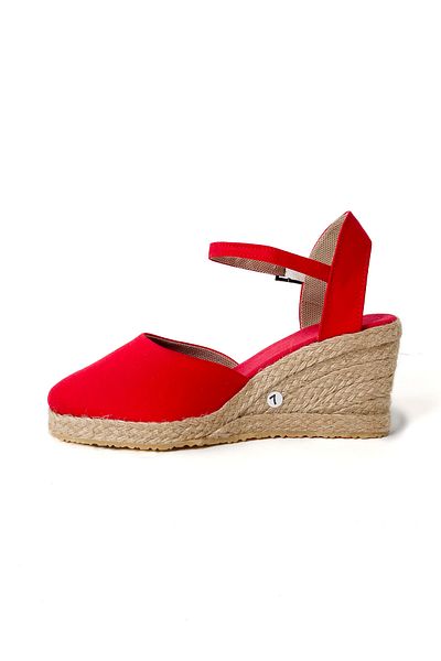 RABU Red Women's Wedge Heeled Front Closed Ankle Strap Linen Espadrille Sandals Shoes