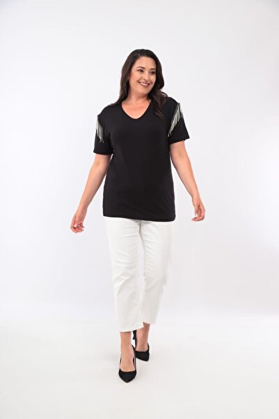 Esina Γυναικεία μπλούζα βισκόζης με λαιμόκοψη με κρόσσια μανίκια