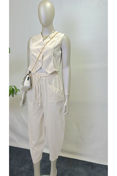 owwon Women's Beige Knit Detailed Vest Pants Bottom Top Special Design Linen Set