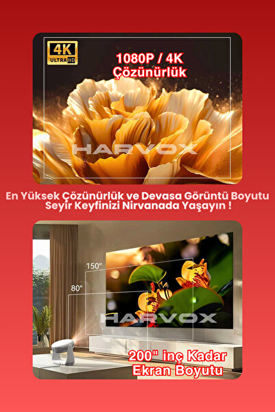 HARVOX Apollon P1 Bataryalı Projeksiyon Cihazı Taşınabilir 4K Destekli 1080P Android Sistemli Projektör