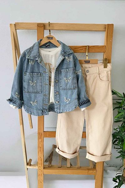 Minigimin Cicileri Stoned Butterfly Embroidered Mini's Girl's Set of 3 with Jeans Jacket - Cream