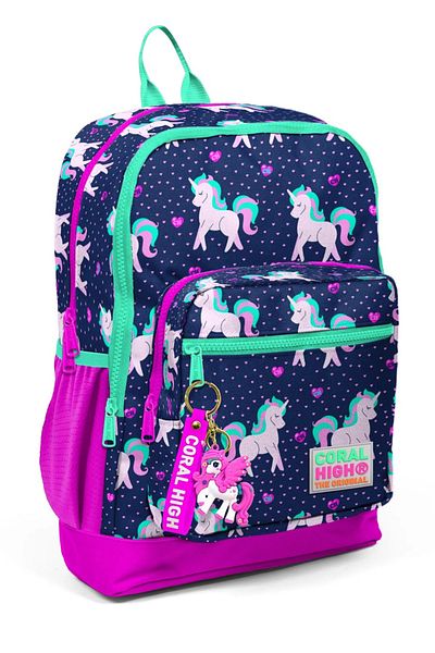 Coral High Rucsac de școală cu model unicorn albastru bleumarin roz cu patru buzunare laterale
