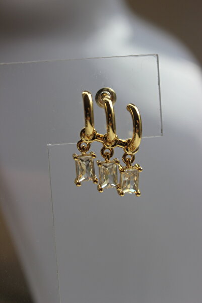 nevamor Steel Triple Look Rectangular Stone Dangle Gold Earrings