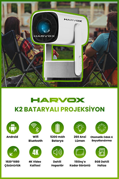 HARVOX K2 Bataryalı Projeksiyon Cihazı Taşınabilir 4K Destekli 1080P Android Sistemli Projektör