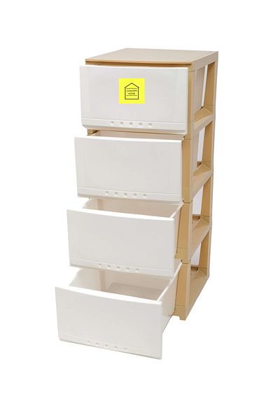 Concept Home Chest of 4 Drawers Plastic SAUDI MADE, Big Size 42x84x34 cm, White/Beige