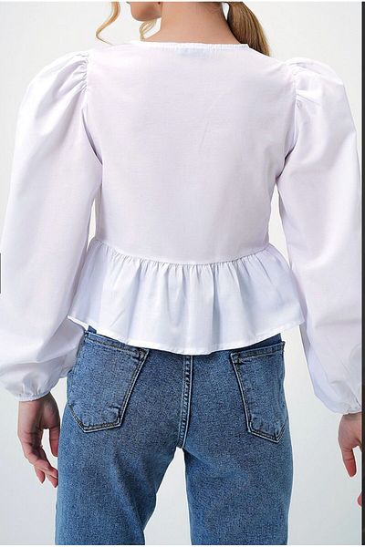 GALAVİP Women's White Crew Neck Bow Tie Princess Sleeve Poplin Blouse